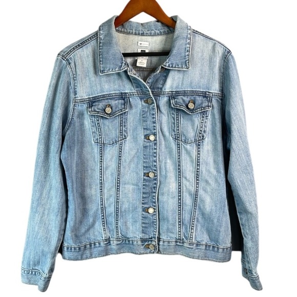 GAP Stretch Retro Jean Jacket Blue Light Wash Denim Flap Chest Pockets Size XL - Picture 2 of 12